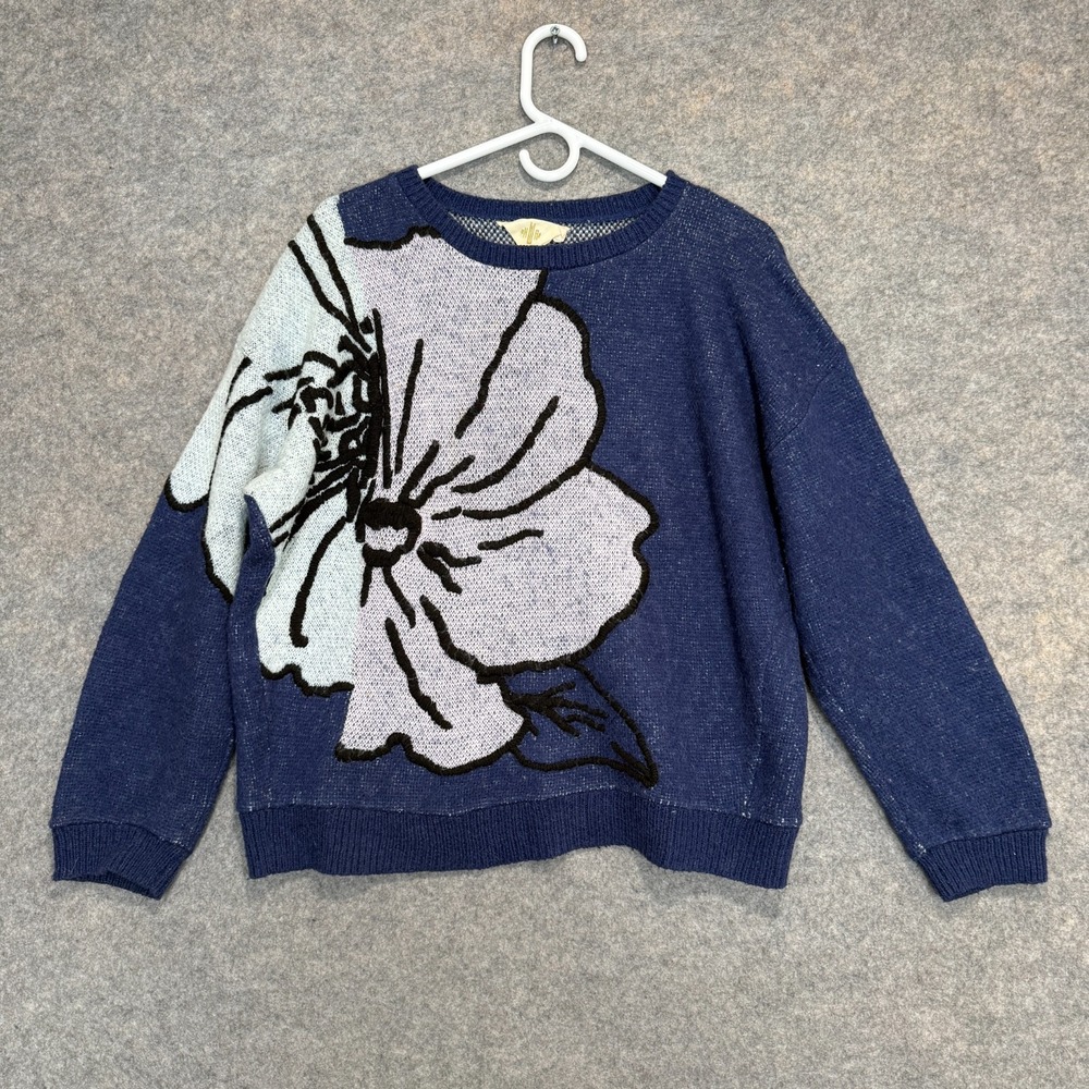 Anthropologie HWR Monogram Maveles Flower Sweater Womens Large Blue‎ Wool Blend